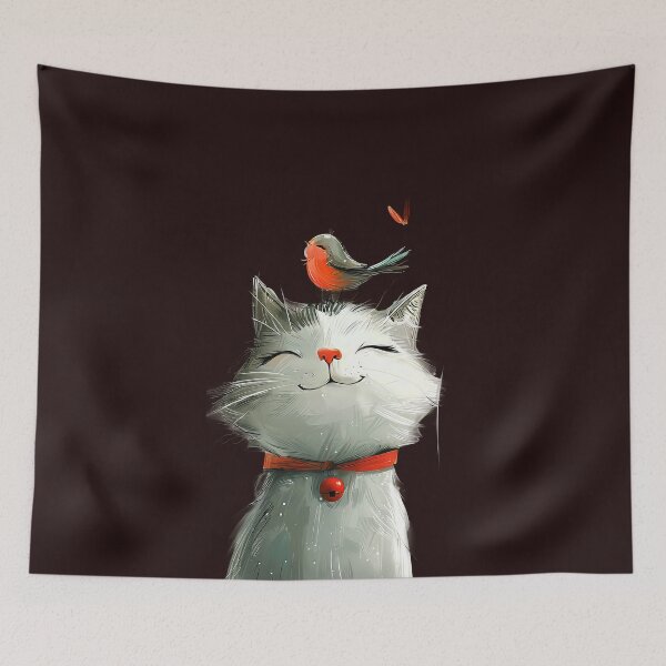 Item preview, Playful Cat with Robin and Butterfly Whimsical Illustration designed and sold by EmiBarDesign.
