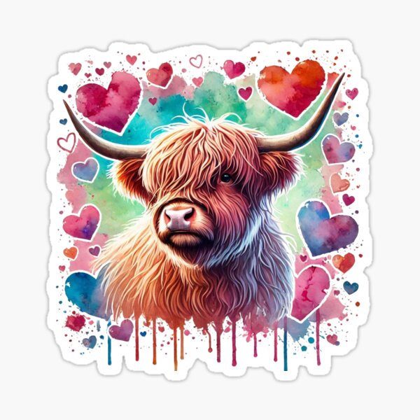 Item preview, Valentines Scottish Highland Cow in Love Hearts Colorful Watercolor designed and sold by MaedK.