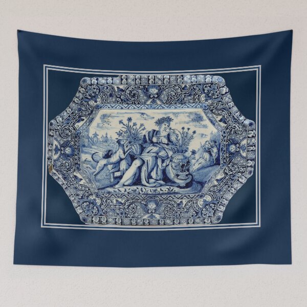 Item preview, Dutch Blue Delft Vintage Lady Sitting with Her Dog Print designed and sold by posterbobs.
