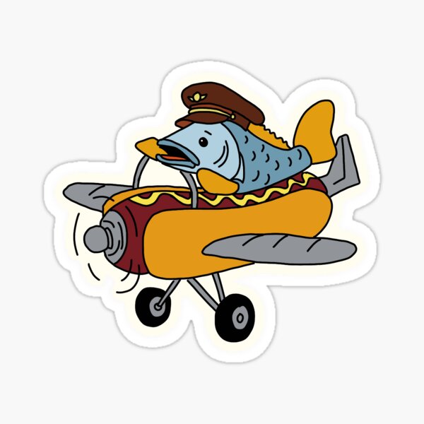 Item preview, Bubbles McSwim | fish flying hotdog plane sticker designed and sold by TheDoodleSpot.