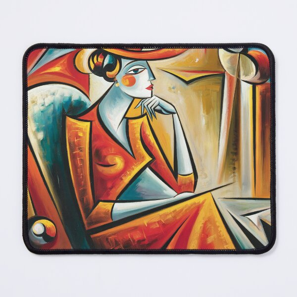 Item preview, The Lady in Red: A Cubist Reflection of Elegance and Introspection | abstract painting of a lady designed and sold by KARTICK DUTTA.