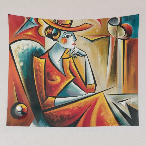 Item preview, The Lady in Red: A Cubist Reflection of Elegance and Introspection | abstract painting of a lady designed and sold by KARTICK DUTTA.