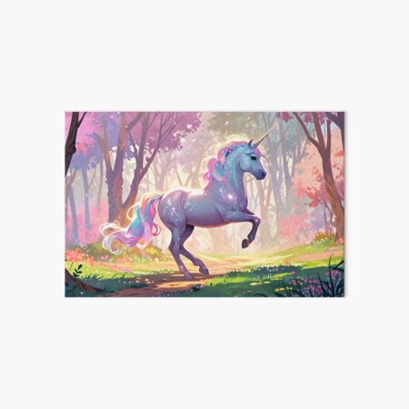 Item preview, A glittering unicorn galloping through a pastel-colored forest. designed and sold by johndesignwaves.