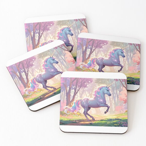 Item preview, A glittering unicorn galloping through a pastel-colored forest. designed and sold by johndesignwaves.