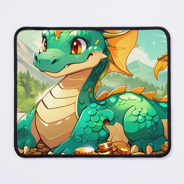 Item preview, A mischievous dragon with emerald green scales, playfully curled up on a mountain of shimmering gold coins, rendered in a whimsical cartoon style. designed and sold by johndesignwaves.