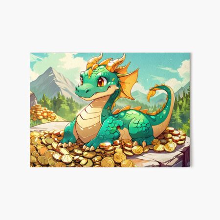 Item preview, A mischievous dragon with emerald green scales, playfully curled up on a mountain of shimmering gold coins, rendered in a whimsical cartoon style. designed and sold by johndesignwaves.
