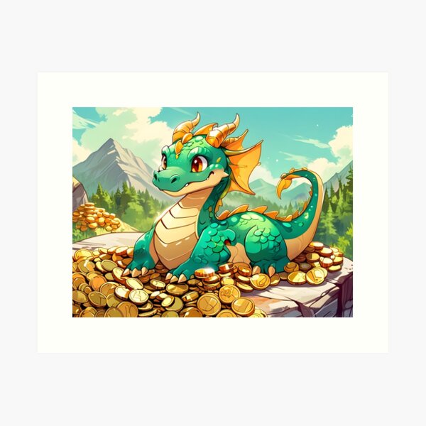 Item preview, A mischievous dragon with emerald green scales, playfully curled up on a mountain of shimmering gold coins, rendered in a whimsical cartoon style. designed and sold by johndesignwaves.