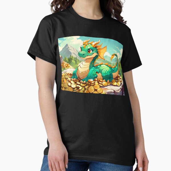 Item preview, A mischievous dragon with emerald green scales, playfully curled up on a mountain of shimmering gold coins, rendered in a whimsical cartoon style. designed and sold by johndesignwaves.