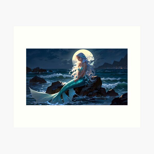 Item preview, A mermaid sitting on a rock under the moonlight, surrounded by glowing waves designed and sold by johndesignwaves.