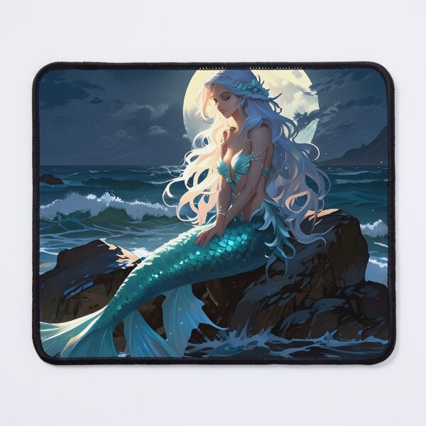 Item preview, A mermaid sitting on a rock under the moonlight, surrounded by glowing waves designed and sold by johndesignwaves.