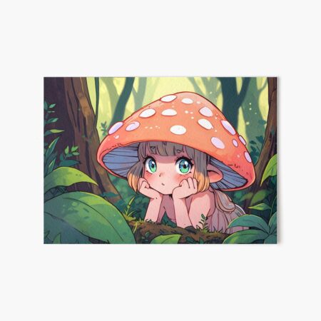 Item preview, A shy forest fairy peeking out from behind a mushroom, soft pastel hues designed and sold by johndesignwaves.