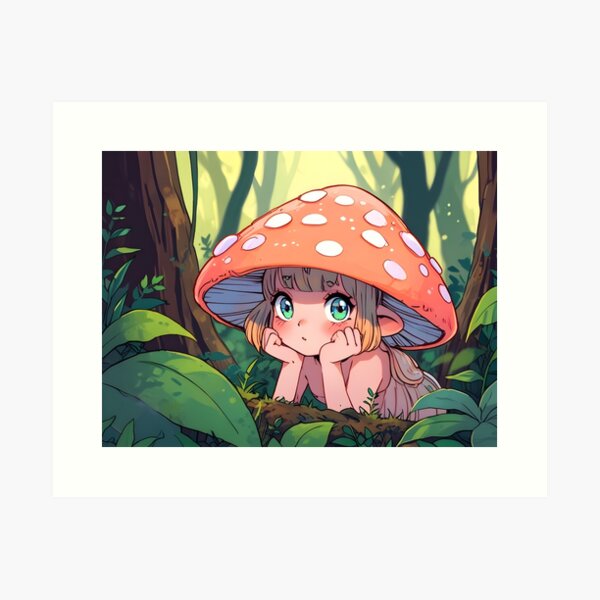 Item preview, A shy forest fairy peeking out from behind a mushroom, soft pastel hues designed and sold by johndesignwaves.