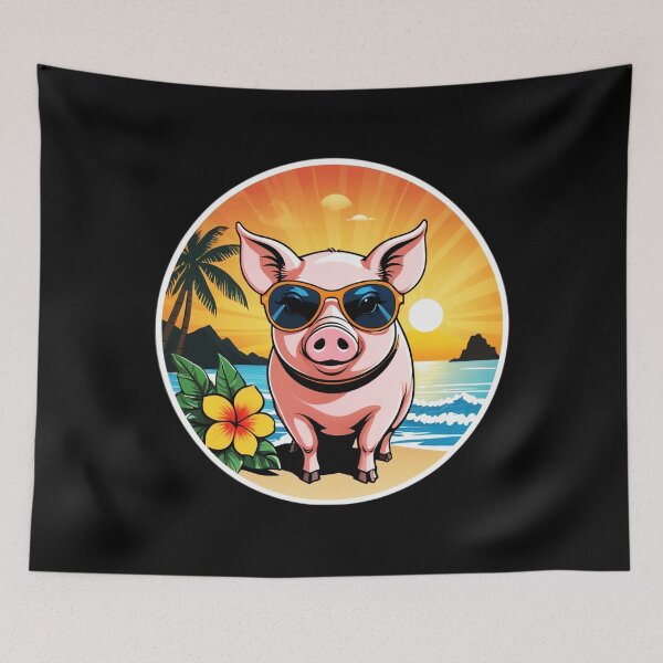 Artikelvorschau, Schweinchen mit Sonnenbrille an einem hawaiianischen Strand mit Orchideen bei Sonnenuntergang entworfen und verkauft von NautiChic.