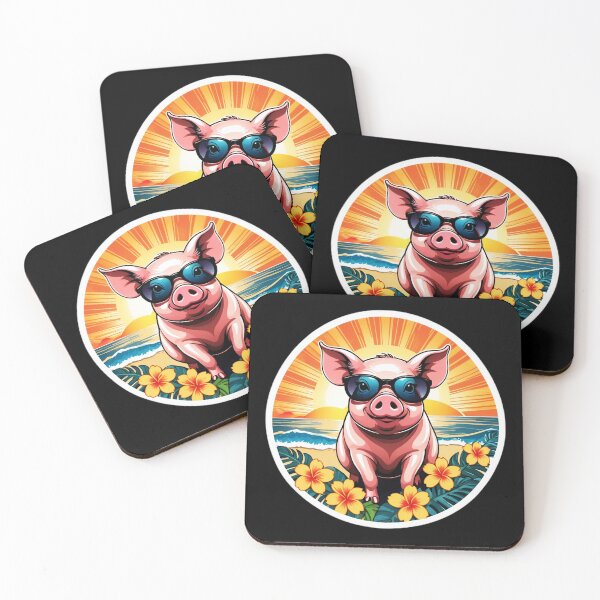 Item preview, Holiday Pig with Sunglasses on a Hawaiian Beach with Orchids at Sunset designed and sold by NautiChic.