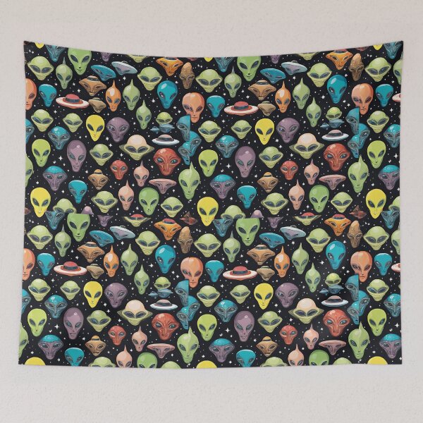 Item preview, Alien Heads UFO Stars and Space All-Over Canvas Collage designed and sold by FroggyFly Designs.