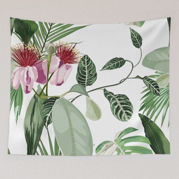 Item preview, Seamless pattern background with  feijoa blooming flowers with tropical palm leaves. designed and sold by MatyKotiv.