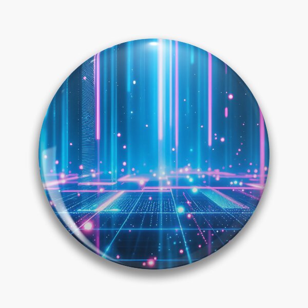 Artikelvorschau, Eine lebendige digitale Landschaft, dominiert von vertikalen Streifen neonblauen und rosa Lichts, durchsetzt mit leuchtenden Punkten entworfen und verkauft von artumbre.