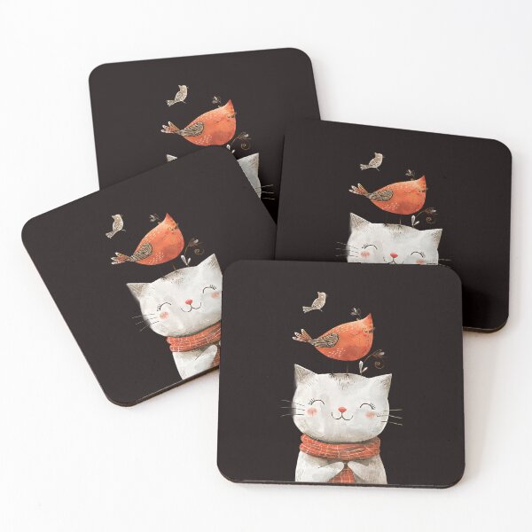Item preview, Playful Cat with Robin Whimsical Illustration designed and sold by EmiBarDesign.