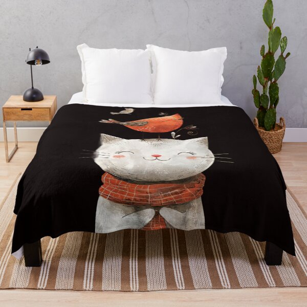 Item preview, Playful Cat with Robin Whimsical Illustration designed and sold by EmiBarDesign.