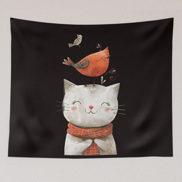 Item preview, Playful Cat with Robin Whimsical Illustration designed and sold by EmiBarDesign.