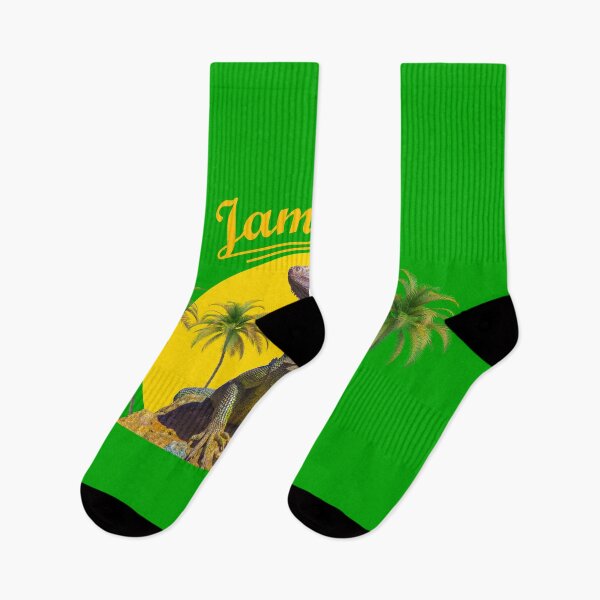 Item preview, Jamaica text with an iguana sitting on a rock design, perfect for stickers, T-shirts, bedsheets, phone cases, covers, and more vibrant, unique creations! designed and sold by BhadrarjunaArts.