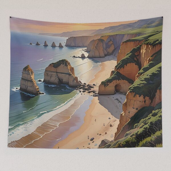Item preview, Praia de Odeceixe: Sunset Over Golden Sands and Dramatic Cliffs designed and sold by LSVart.