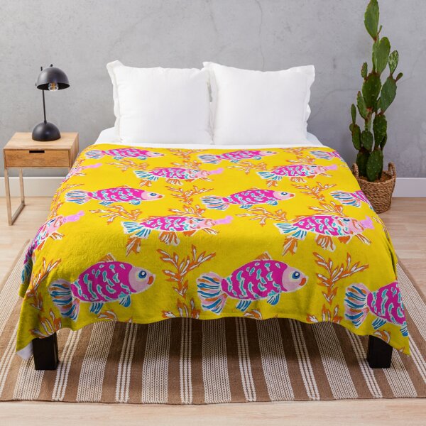 Item preview, Pink and turquoise fishes on bright yellow markers drawing designed and sold by SophieClimaArt.