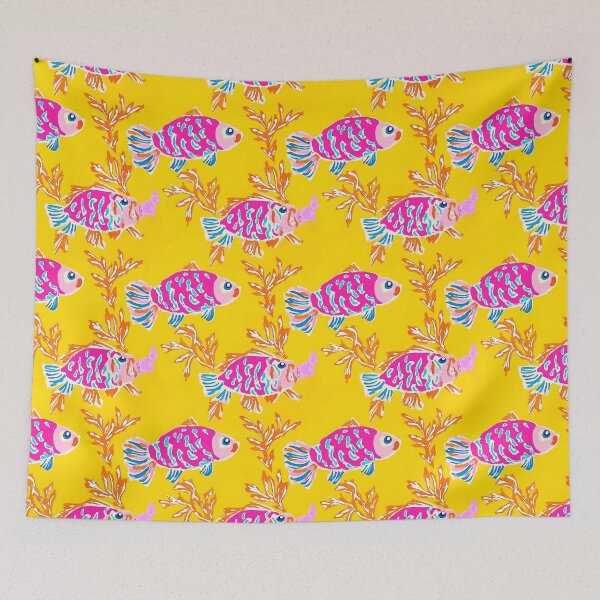 Item preview, Pink and turquoise fishes on bright yellow markers drawing designed and sold by SophieClimaArt.