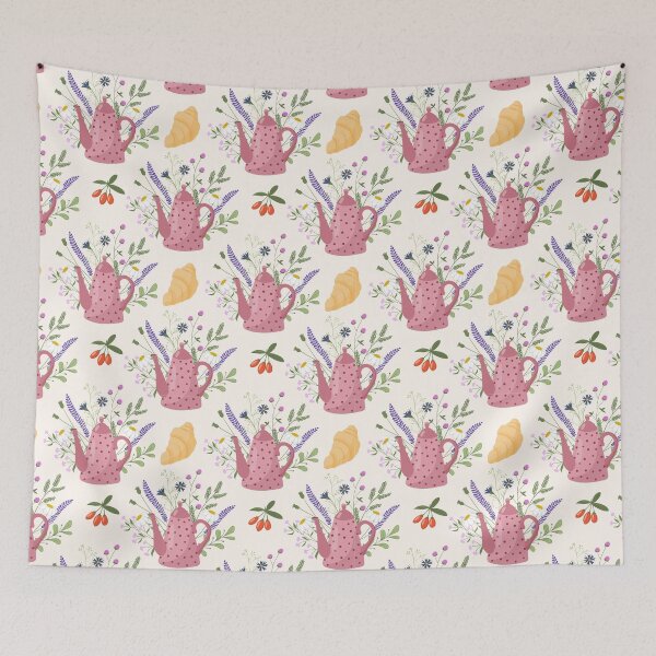 Item preview, doodle teapot with herbal tea, berries and croissant designed and sold by Familyshmot.