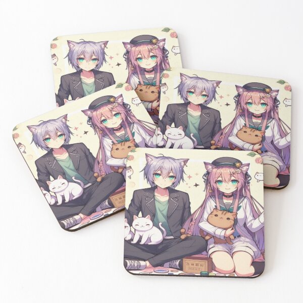 Item preview, Charming anime scene: girl, boy and their cat friends designed and sold by FotoworldEdel.