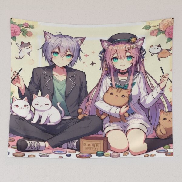 Item preview, Charming anime scene: girl, boy and their cat friends designed and sold by FotoworldEdel.