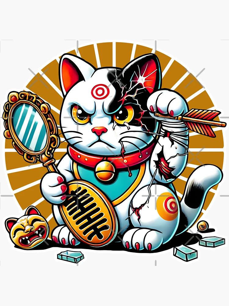 Fierce Broken Maneki Neko Lucky Cat with Cracks and Battle Damage