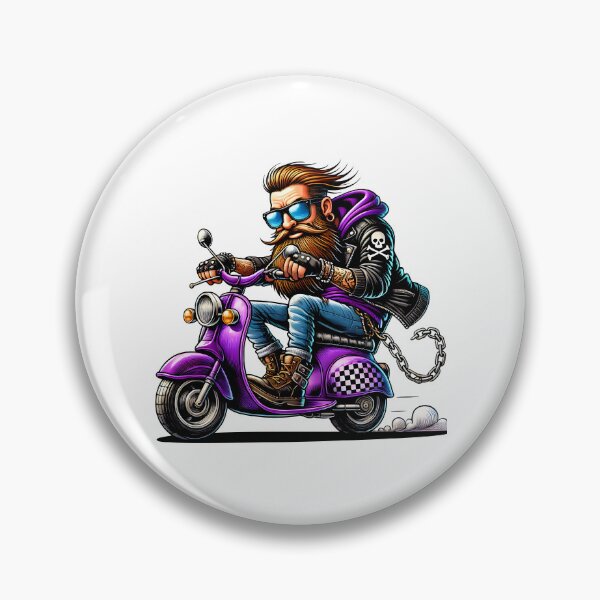 Item preview, Bearded Biker on Purple Scooter Cartoon Illustration designed and sold by DrawHandArt.
