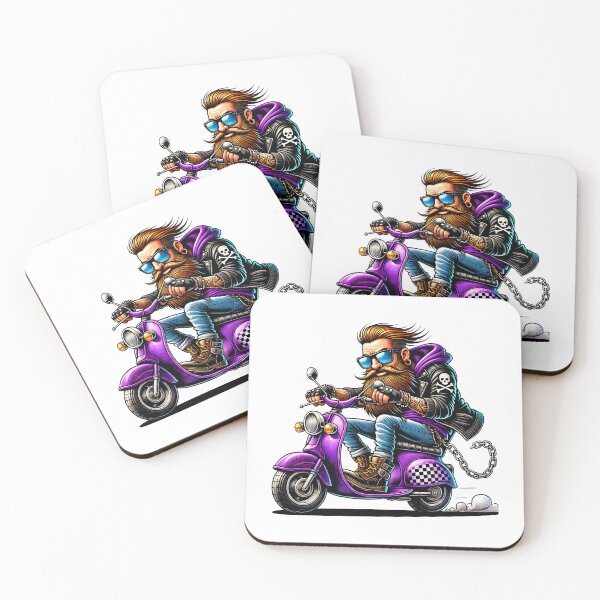 Item preview, Bearded Biker on Purple Scooter Cartoon Illustration designed and sold by DrawHandArt.