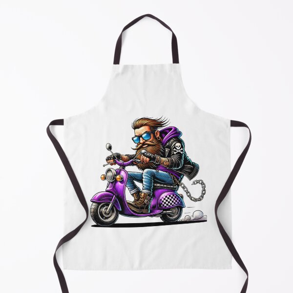 Item preview, Bearded Biker on Purple Scooter Cartoon Illustration designed and sold by DrawHandArt.
