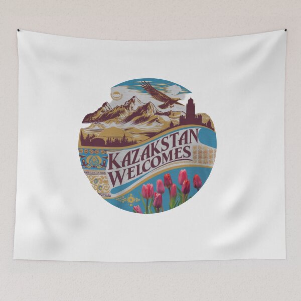 Item preview, Kazakstan Welcomes Flag Map Astana, Almaty, steppes designed and sold by AnimalsDH305.