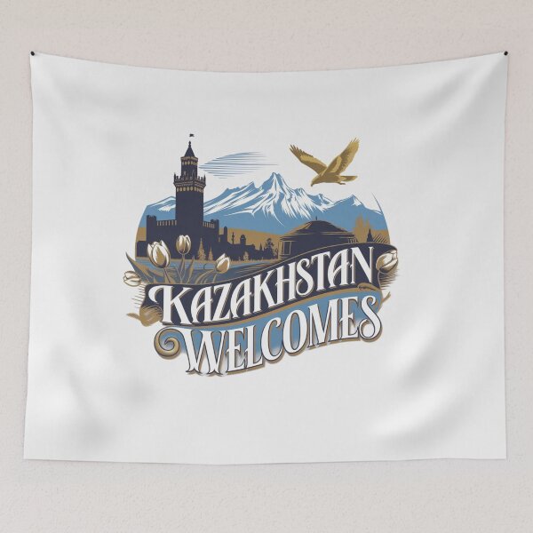 Item preview, Kazakhstan Welcomes Flag Map Astana, Almaty, steppes designed and sold by AnimalsDH305.