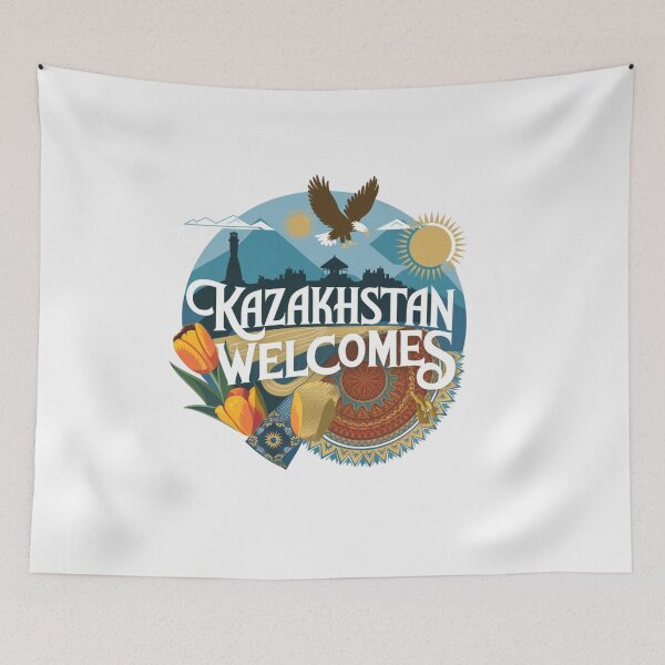 Item preview, Kazakhstan Welcomes Flag Map Astana, Almaty, steppes designed and sold by AnimalsDH305.