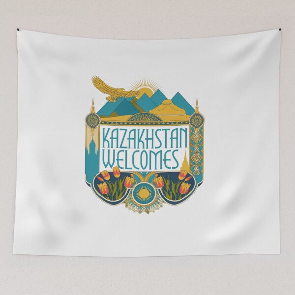 Item preview,  Kazakhstan Welcomes Flag Map Astana, Almaty, steppes designed and sold by AnimalsDH305.