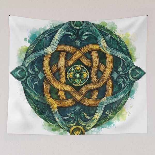 Item preview, Ethereal Celtic Knot Sacred Geometry Watercolor Gold Accents & Green Magic designed and sold by AnnDesignStudio.