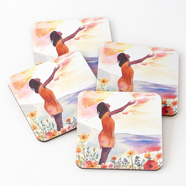 Item preview, Watercolor Art of a Woman Embracing the Dawn, Surrounded by Flowers and Seizing the Day designed and sold by soulfulpalette.