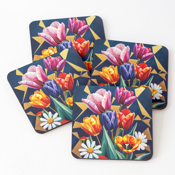 Artikelvorschau, Lebendiger geometrischer Tulpenstrauß mit Gänseblümchen auf dunklem Hintergrund entworfen und verkauft von ashrafzain.