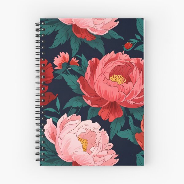 Item preview, Large peonies in red and pink, scattered on a dark navy background." designed and sold by johndesignwaves.