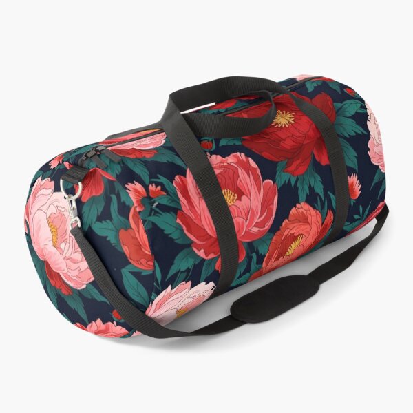 Item preview, Large peonies in red and pink, scattered on a dark navy background." designed and sold by johndesignwaves.