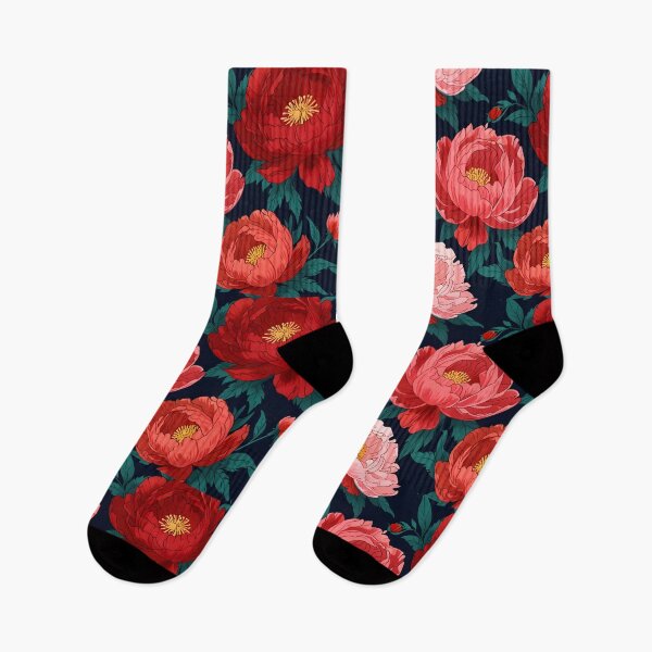 Item preview, Large peonies in red and pink, scattered on a dark navy background." designed and sold by johndesignwaves.