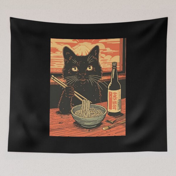 Item preview, Fifties Mid Century Black Cat Eating Noodles At Japanese Noodle Shop designed and sold by scooterbaby.