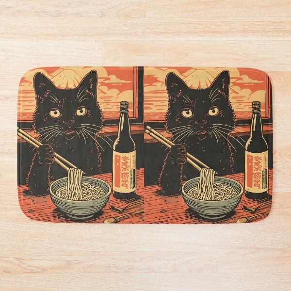 Item preview, Fifties Mid Century Black Cat Eating Noodles At Japanese Noodle Shop designed and sold by scooterbaby.
