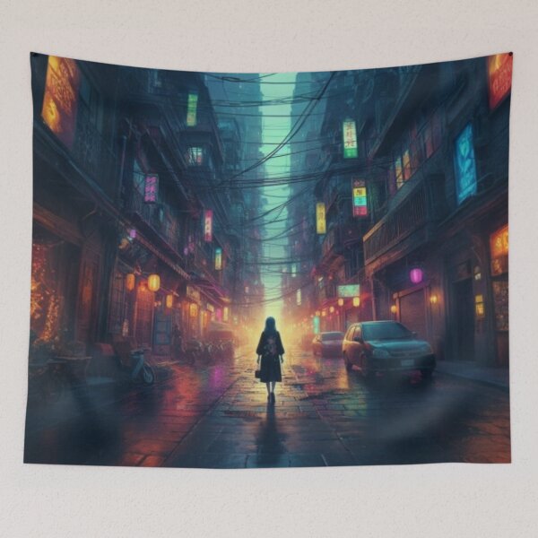 Item preview, AI generated girl walking down street, dystopian fantasy designed and sold by AI-this-is-AI.