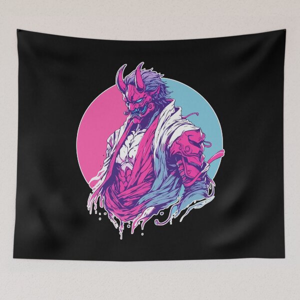 Item preview, Cool Japanese Oni Demon Ogre Samurai Pink Blue designed and sold by TomFrontierArt.