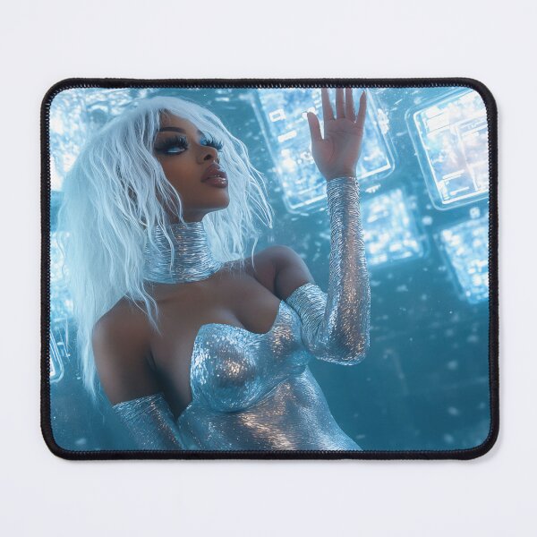 Item preview, A woman in a silver, glimmering dress poses gracefully underwater, surrounded by glowing screens and bubbles, creating a mystical atmosphere designed and sold by anytka.